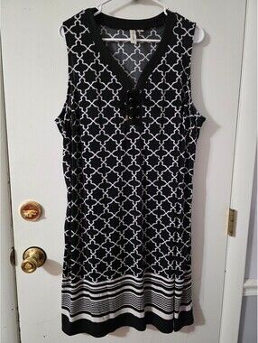 Tacera Women's 2X Black White Geometric Print Sleeveless Lace Up Dress